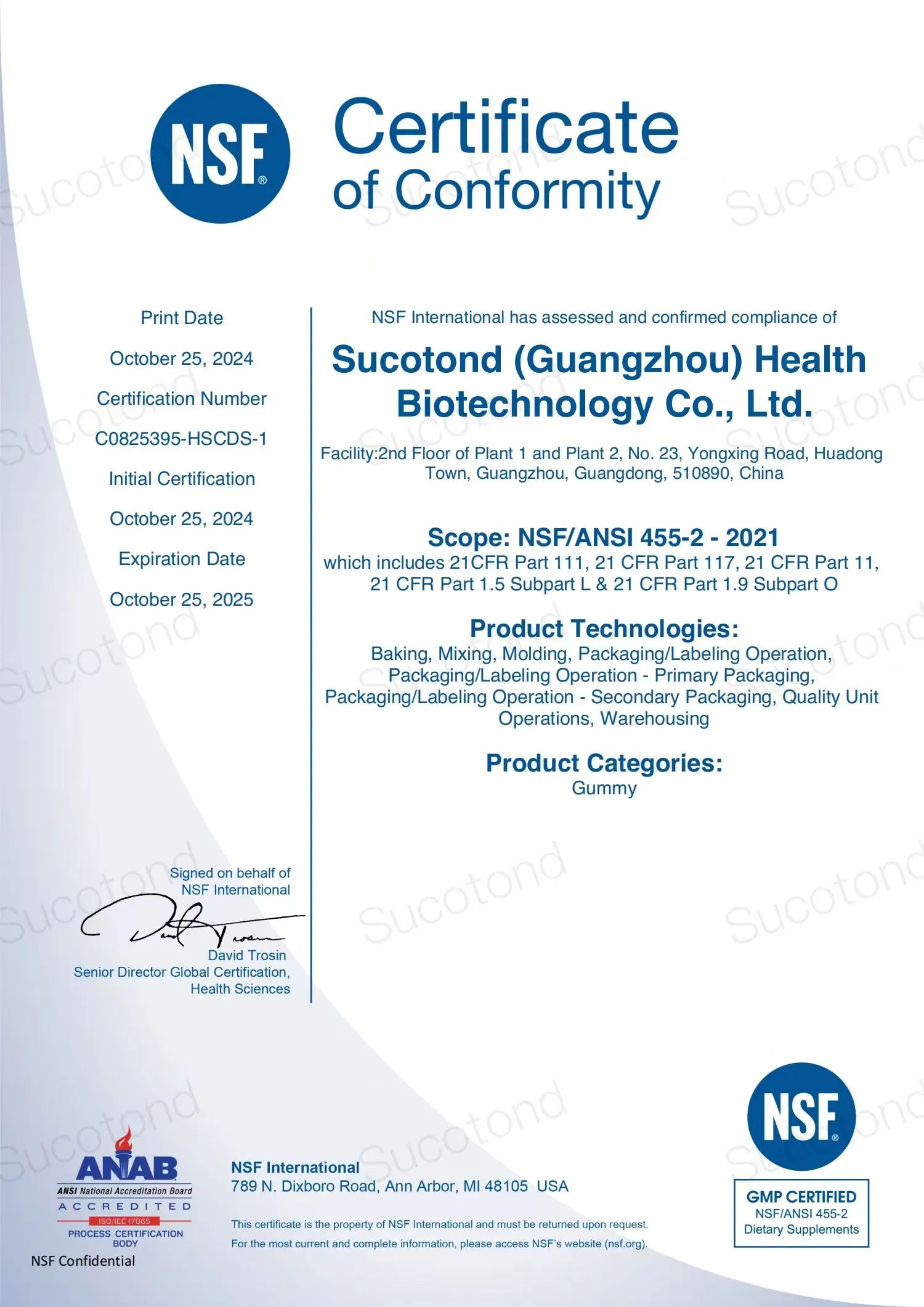 NSF Certification Certificate